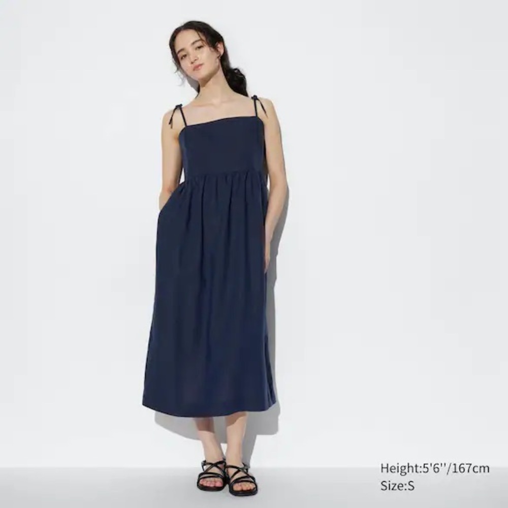 Uniqlo Navy Linen Blend Tie Strap Dress XXS